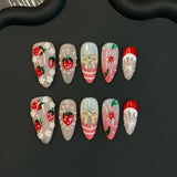 10pcs Sweet Summer Almond False Nail Cute 3D Fruit Strawberry Stick on Nails Mini Flower Fake Nails French Pearls Press on Nails