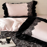 1000TC Egyptian Cotton Black Lace Patchwork Bedding Set Queen King Size Duvet Cover Set Flat/Fitted Bed Sheet Pillowcases 4Pcs
