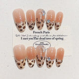 10Pcs Handmade Press on Nails French Cat Eye Full Cover Shiny Leopard Print Brown Almond False Nails Wearable Manicure Tips Art