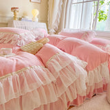 4Pcs Korean Princess Style Winter Thick Warm Milk Velvet Bedding Set Three-layer Lace Ruffles Duver Cover Bed Skirt Pillowcases