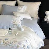 4Pcs Blue Pink Luxury Butterfly Flowers Embroidery Bedding Set Egyptian Cotton Duvet Cover Bed Sheet/Fitted Sheet Pillowcases