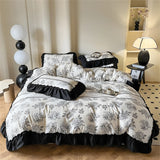 Washed Cotton Bedding Sets With Lace Black Printed Four Piece Set Bedroom Decor Duvet Cover Pillowcase Bedspread Bed Cover Sets