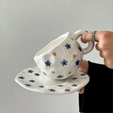 Hand-painted Blue Floral Coffee Cups and Saucers Simple Household Creative Retro Afternoon Tea Mug Cute Floral Ceramic Latte Cup
