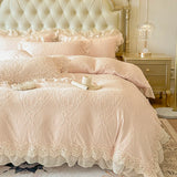 4Pcs Vintage French Romantic Lace Ruffles Carved Velvet Warm Winter Princess Bedding Set Duvet Cover Set Bed Sheet Pillowcases