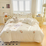 3/4Pcs Washed Cotton Skin-friendly Soft Princess Rose Towel Embroidery Flowers Bedding Set Soft Duvet Cover Bed Sheet Pillowcase