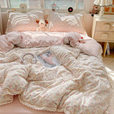 INS Princess Bedding Set 이불세트 New Soft Wrinkled Double-layer Bed Flat Sheet Twin Queen Size Duvet Set Pillowcase Bed Linens
