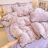 Heart Print Duvet Cover Set Princess Style Lace Ruffles Bedding Set Queen King Skin Friendly Soft Quilt Cover Sheet Pillowcases