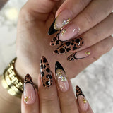 24Pcs Zebra Stripe Press on Nails Dark Brown with Gold Beads Fake Nails Almond Shape Nail Art French Style False Nails for Fall