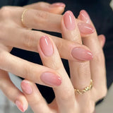 24Pcs Nude Pink Nail Tips Short Round Head False Nails with Design Wearable Finished Fake Nails Full Cover Press on Nails