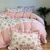 100% Cotton Korean Princess Style Rose Floral Plaid Ruffles Bedding Set Queen King Size Duvet Cover Bed Sheet Pillowcases 4Pcs