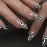 24Pcs Simple French Fake Nails with Almond Head Design Detachable 3D Irregular Star Pattern Press on False Nails Manicure Tools