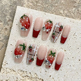10Pcs Handmade Press On Nails Full Cover Strawberry Design Summer Rhinestone French Ballerina False Nails Wearable Manicure Nail