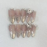 10Pcs French Press on Nails Almond Handmade Fake Nails Gradient Diamond Pearl False Nails Set Vintage Acrylic Nail Art for Girls