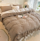 4/6Pcs Black&white Plaid 100% Cotton Bedding Set Romantic Lace Ruffles Washed Cotton Duvet Cover Bed Skirt Bedspread Pillowcases