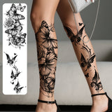 2pcs Black Flower & Butterfly Temporary Tattoo Stickers For Women, Waterproof & Long Lasting Fake Tattoo For Arm, Leg & Chest
