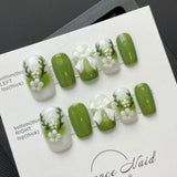 10pcs Green Blush Gradient Fake Nails Handmade Press On Nails With Cute Flower Bowknot Decor Sweet Spring Square Head False Nail