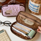 Quilted Pencil Case with Star and Polka Dot Appliques, Heart-Shaped Buttons, Large Capacity Student Stationery Bag, Dual-Use Mak