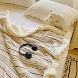 Ikeehome  New Striped Milk Fleece Double Blanket Warm Thickened Coral Fleece Office Nap Blanket