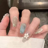 24pcs Floral Coffin Nails Set Press on Nails Cat Eye Fake Nails Butterfly Flower Design False Nails Wearable Manicure Nail Tips