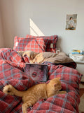 Thiened Red Plaid Autumn Winter Milk Velvet Bedding Set Double Sided Fce 8M Bus Retro Moonlight Bedding Cover Quilt