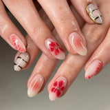 24pcs Almond Press on False Nails Art Fashion Flower Design Full Cover Nail Tips Red Short Oval Fake Nail Sets Finished Manicure