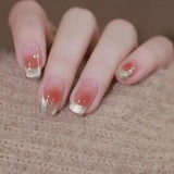 24Pcs Nude Pink Nail Tips Short Round Head False Nails with Design Wearable Finished Fake Nails Full Cover Press on Nails