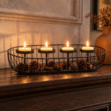 Oval Carbon Steel Wire Candle Tray with 4 Raised Pillar Stands, Matte Black Candelabra, Tabletop Decor for Party & Wedding