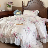 French Pastoral Style Rose Flowers Print Lace Bedding Set Single Queen King Size 100% Cotton Duvet Cover Bed Sheet Pillowcases