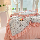 Fashion Flower Bedding Set Bed Sheet Cute Princess AB Double Sided Ruffle Flower Quilt Cover Pillowcase Bedclothes Home Textiles