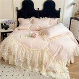 4Pcs Princess Wedding Bedding Set Korean Style Lace Flowers Embroidery Duvet Cover Bed Sheet/Fitted Sheet/Bed Skirt Pillowcases