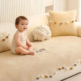Irregular Solid Chenille Sofa Cushion with Fur Ball Non-Slip Couch Slipcover for Four Seasons Dustproof Anti-Dirt Sofa Towel