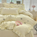 French Ins Princess Style Lace Four-piece Set Washed Cotton Embroidered Quilt Cover Set Bow Girly Heart Bed Sheet Three-piece