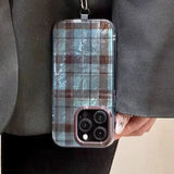 For IPhone 11 12 13 14 15 16 Pro Max X XR XS Max 7 8 Plus SE 2022 2020 Retro Brown Blue Checkered Pattern Clear Phone Case Cover