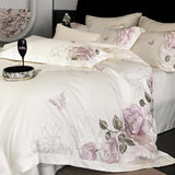 White Egyptian Cotton Bedding Set Luxury Flowers Embroidery Duvet Cover Sets Fitted Bed Sheets Pillowcases Home Textiles