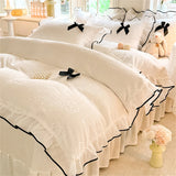 Korean Princess Style With Black Bow Lace Ruffles Pleat Milk Velvet Bedding Set Bedroom Decor Duvet Cover Bed Sheet Pillowcase