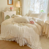 Double Layer Lace Ruffles Princess Wedding Bedding Set 100S Egyptian Cotton Duvet Cover Quilted Bedspread Bed Skirt Pillowcases