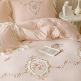 4Pcs Korean Princess Style Bedding Set Rose Flowers Embroidery French Lace Ruffles Milk Velvet Duvet Cover Bed Sheet Pillowcases
