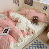 Princess Style Bedding Set Soft Solid Color Ruffle Duvet Cover Set Comforter Pillowcase Bed Sheet Washed Cotton Four Pieces Set