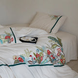 Vintage Cotton Linen Blend Bedding Set Tropical Jungle Floral Embroidery Duvet Cover Set Bed Sheet/Fitted Sheet Pillowcases 4Pcs