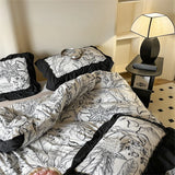 Washed Cotton Bedding Sets With Lace Black Printed Four Piece Set Bedroom Decor Duvet Cover Pillowcase Bedspread Bed Cover Sets