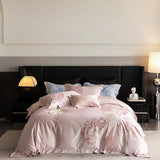 Premium 1000TC Egyptian Cotton Flowers Print With Embroidery Bedding Set Duvet Cover Set Flat/Fitted Bed Sheet Pillowcases 4Pcs