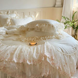 4Pcs Romantic Double Layer Lace Princess Wedding Bedding Set 100% Cotton Duvet Cover Bed Sheet Or Quilted Bedspread Pillowcases
