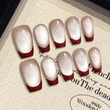 10pcs Press On Nails Retro Red Cat's Eye Simple Handmade Fake Nails Short Long Ballet Wearable Wine Red French False Nail Coffin