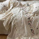 Vintage French Large Lace Ruffles Floral Embroidery Linen Cotton Bedding Set Duvet Cover Flat/Fitted Bed Sheet Pillowcases 4Pcs