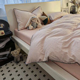 Ins Style Solid Color Stripes Mix and Princess Style Quilt Cover Four-piece Bedding Set Washed Cotton Shell Edge Duvet Cover Set