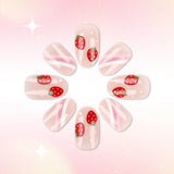 Cute Sweet Strawberry Fake Nail Patch Wearable Full Cover for Girl Press on Nail Tips Short Glossy Oval Fake Nails 24Pcs
