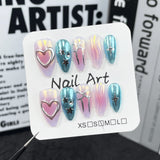 10Pcs Sweet Cool Aurora Almond False Nails Cute Hand drawn Bow Press on Nails with Heart Diamond Pearl Full Cover Fake Nail Tips