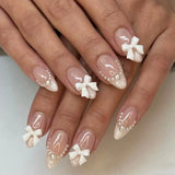 24Pcs/Box Shiny Cute False Nails French Almond Nails Simple Heart Design Sweet Press on Nails Full Cover Wearable Manicure Art