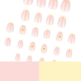 Short Round Head Press on False Nails Yellow French 3D Flower Fake Nail for Woman Reusable Finished Full Cover Nails Tips 24Pcs