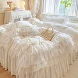 4Pcs Korean Princess Style Winter Thick Warm Milk Velvet Bedding Set Three-layer Lace Ruffles Duver Cover Bed Skirt Pillowcases